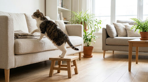 Chat âgé utilisant une marche pour monter sur le canapé