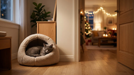 Chat au calme dans sa niche pendant une fête