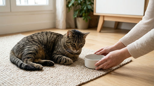 Chat fatigué sur un tapis avec un bol d'eau à côté