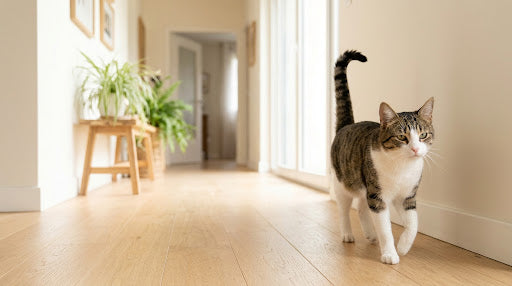 Chat marchant queue dressée, signe de salut amical
