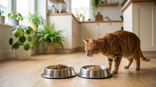 Deux bols, croquettes et pâtée, avec un chat qui s'approche