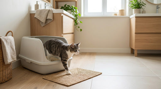 Chat sortant d'un bac à litière propre