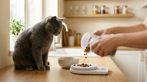 Chat à côté d'une balance de cuisine pour peser sa ration