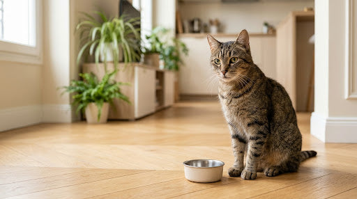 Chat âgé mince assis près de sa gamelle