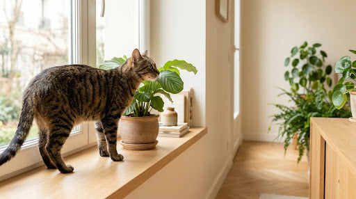 Chat reniflant une plante d'intérieur sur un rebord de fenêtre