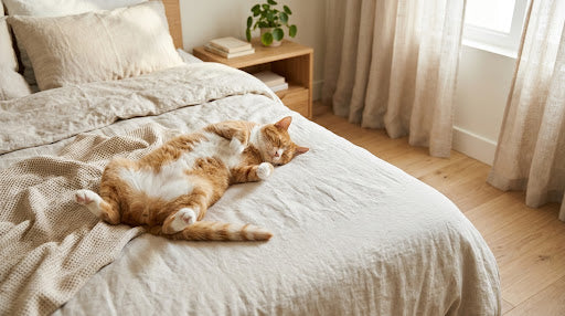 Chat dormant sur le dos, ventre exposé, sur un lit