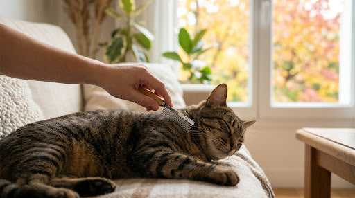 Peigne passé dans le pelage d'un chat tigré