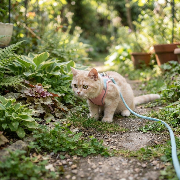 Chat explorant l'extérieur avec le harnais Petit Aventurier