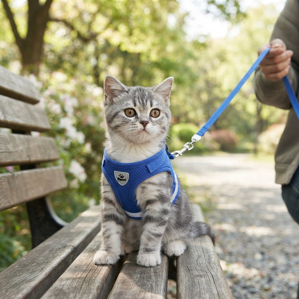 Chat portant son harnais et sa laisse lors d'une sortie