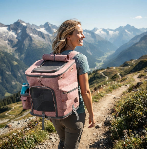 Personne portant le sac à dos de transport pour chat en extérieur