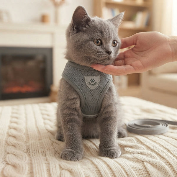 Ajustement des velcros du harnais pour chat sur un chaton