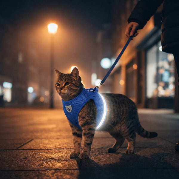 Harnais pour chat avec bande réfléchissante visible de nuit en ville