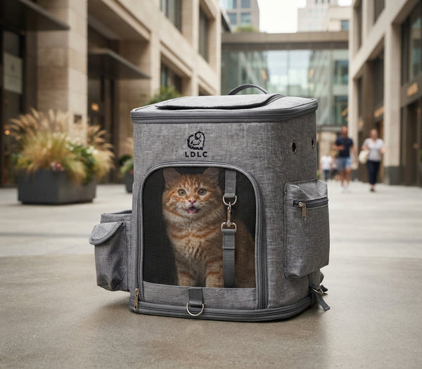 Chat installé dans le sac de transport, filet ouvert sur l'extérieur